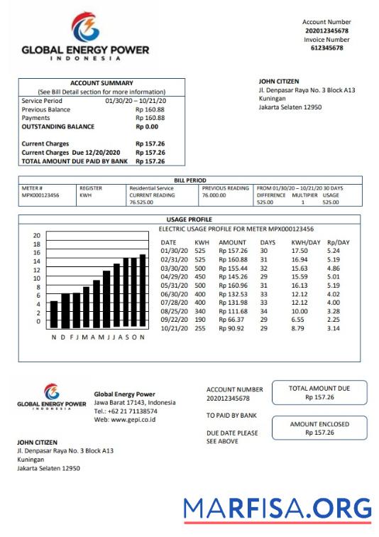 Printable Indonesia Global Energy Power utility bill example